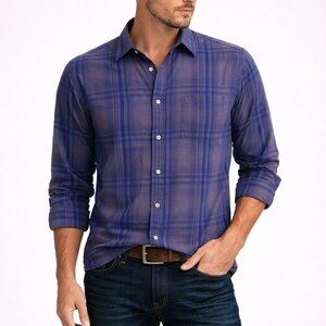 Tommy Bahama Mens Shirt Cotton Brown Blue Plaid Button Front Long Sleeve Size XL